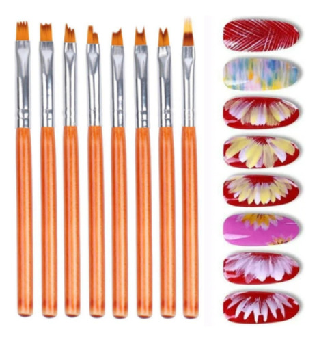 Set De 8 Pinceles  Nail Art Dibujos Mano Alzada Lefemme