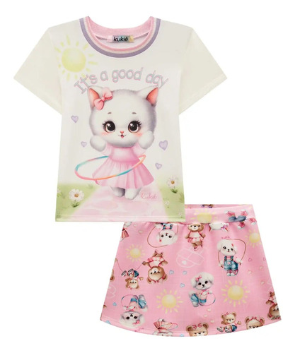 Conjunto Infantil Kukie Verão Shorts Saia E Blusa Gatinha