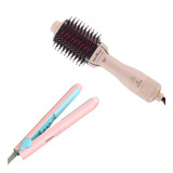 Kit Prancha De Cabelo + Escova Secadora Bivolts Cor Rosa