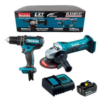 Combo Taladro Rotomartillo Inalambrico Makita 1\u002F2 Pulg + Mini esmeriladora 4-1\u002F2 DLX2401ST Color Azul | Meses sin interés