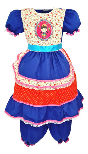 Vestido Infantil Festa Junina Azul Royal Menina Xadrez  