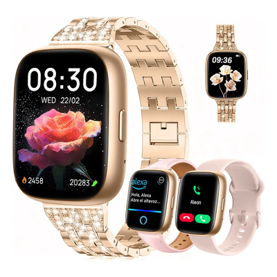 Smart Watch Mujer AITAFY Reloj inteligente Alexa Bluetooth Llamada IP68 Impermeable Notificación mensajes Monitoreo salud 24H 100modos deportivos Salud femeninaal agua accesorios mujer 3Correas Dorado | Envío gratis