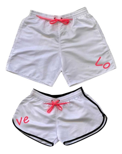 Kit Shorts Iguais Casal Moda Praia Bermuda Love Mozão Top