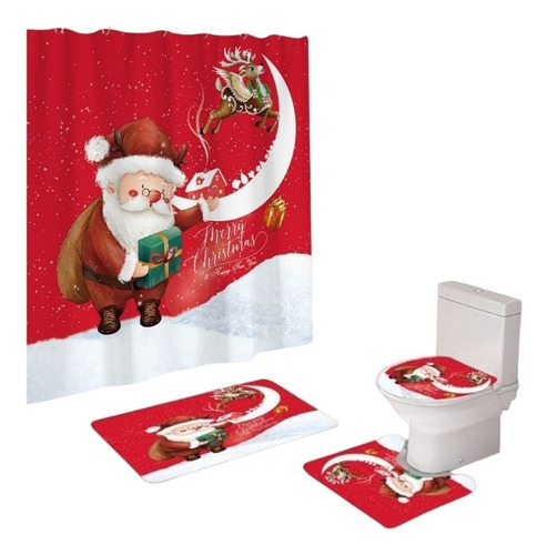 Set De Baño Cortina Y Alfombras Navideño 4 Piezas