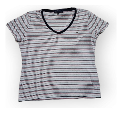 Playera Tommy Hilfiger Grande De Mujer Gris Rayada Azul/rojo