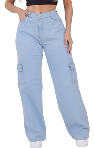 Calça Wide Leg Jeans Pantalona Destroyed Cargo 