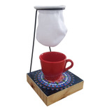 Mini Coador Café Individual Pano Arte Madeira + Caneca 70ml