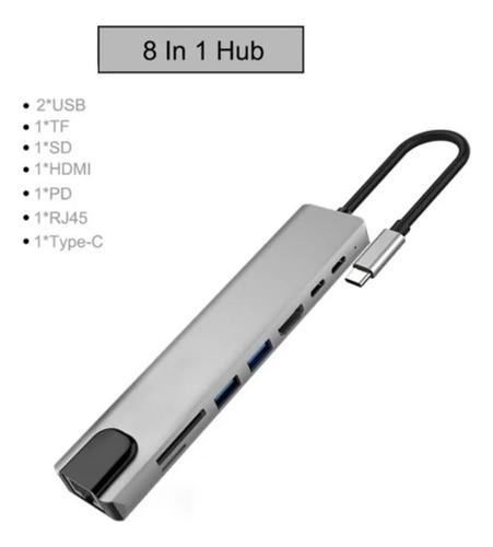 Adaptador Hub Tipo C 8 En 1 Hdmi Rj45 Usb Sd Td - Envío Gra