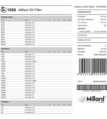 Filtro De Aceite Ml-1808 (57792) Caterpillar Cummins Foto 5