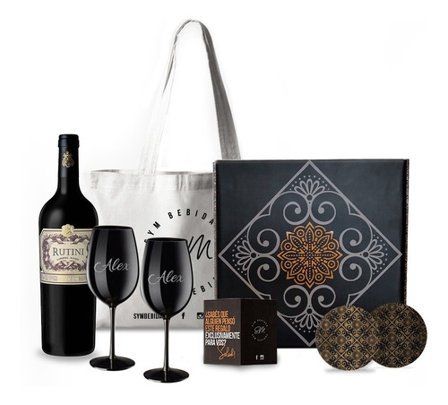 Regalo Box Estuche Con Vino Rutini + 2 Copas Negras Grabadas