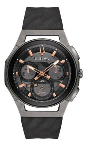 Reloj Pulsera Bulova Curv 98a162 De Cuerpo Color Gris, Analógico, Para Hombre, Fondo Gris Y Negro, Con Correa De Goma Color Negro, Agujas Color Oro Rosa, Dial Oro Rosa, Subesferas Color Gris Y Negro, 