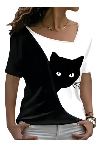 Camiseta De Gato Asomándose En Contraste De Color