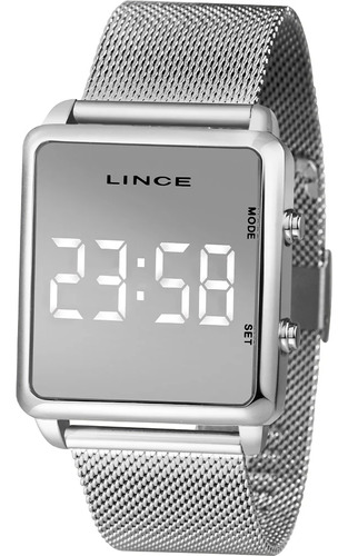 Relógio Feminino Lince Digital Prata Quadrado Espelhado