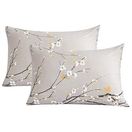 Pillow Case Set (2 Pack), Tan Gray Blossom Flower Patte...