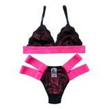 Conjunto Lingerie Sexy 2 Tiras Neon Renda Sexy Flúor