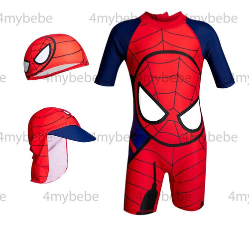 Traje De Baño Niños Spiderman + Gorro Natacion + Gorro Sol