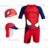 Traje De Baño Niños Spiderman + Gorro Natacion + Gorro Sol