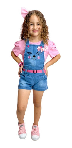 Macaquinho Short Infantil Jeans Destroyed Blogueirinha Moda