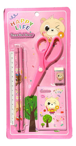 Kit 6 Papelería Kawaii Tijeras Lápiz Regla Goma Cuaderno