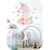 Vinilo Decorativo Infantil Unicornio Y Flores En Acuarela