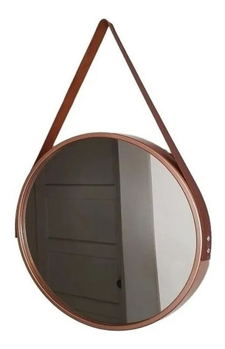 Espelho Redondo Cobre Decorativo Com Alça Couro Sintético Cor Da Moldura Rosê