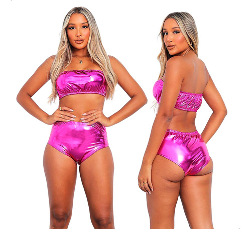 Conjunto Top Faixa Hot Pants Carnaval Metalizado Brilho