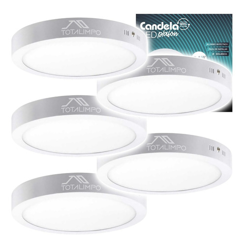 5 Plafones Led Redondos Con Base 24w Fría Candela 7264 Cuota