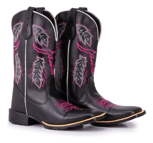 Bota Texana Feminina Preta Bordado Rosa Bico Quadrado 