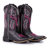 Bota Texana Feminina Preta Bordado Rosa Bico Quadrado 