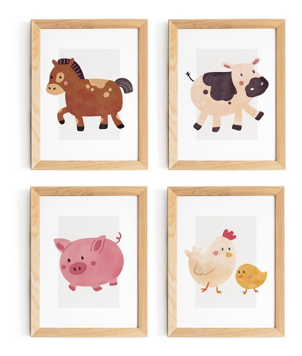 4 Quadros Bebê Infantil Animais Fazendinha Aquarela Cavalo