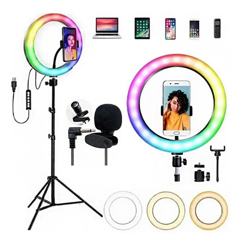 Kit Iluminação Led Ring Light Rgb + Tripé + Microfone Lapela