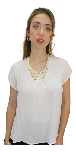 Blusa Blanca Mujer Fiesta Perlas Elegante Rayon Verano Chic