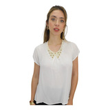 Blusa Blanca Mujer Fiesta Perlas Elegante Rayon Verano Chic