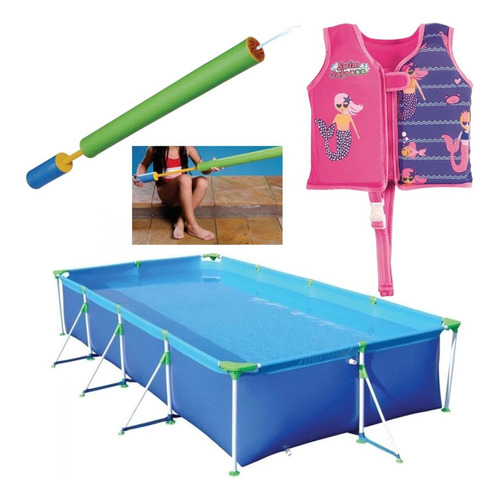 Kit Piscina 6200 L+ Colete P/m Rosa + Brinquedo Lança Água