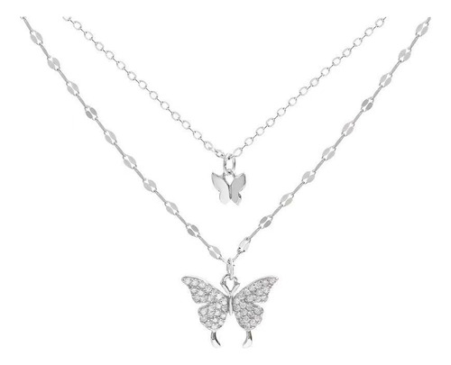 De Cadena Doble Mariposas Brillantes Collar De Mujer Joyas Color Plateado