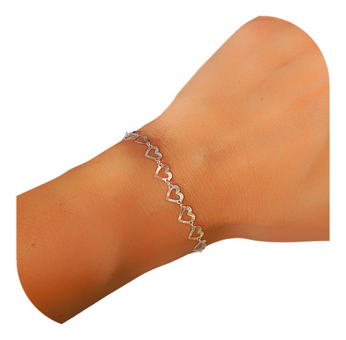 Pulsera De Plata Italiana Con Multi Corazoncitos Facetados