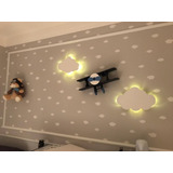 Jogo 2 Nuvem Com Led Mais Avião Prateleira Decoração Bebe 3p