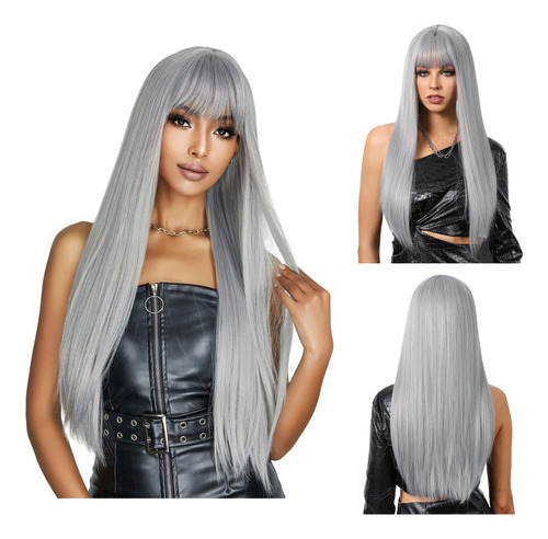 Cosplay Pelucas Cabello Sinteticas Larga Y Liso Gris Plata