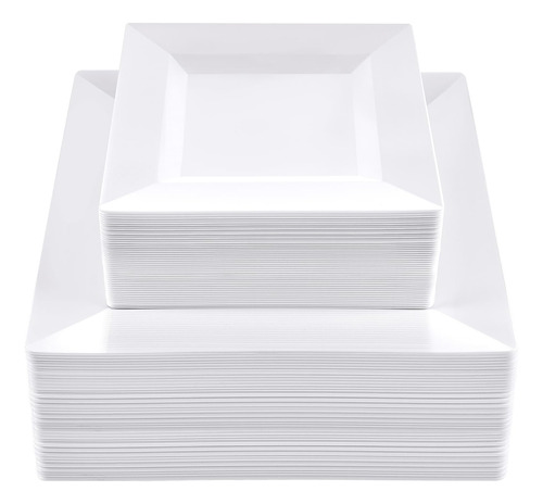 100 Platos De Plástico Cuadrados Blancos Combinados, De Alta