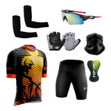 Kit Ciclismo Camisa E Bermuda Par De Luvas Óculos Manguito