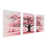 Quadro Decorativo Paisagem Árvore Vida Rosa Flor Consultório Cor Da Armação Branco Cor Rosa