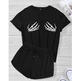 Conjunto Camiseta Feminina Mãos Esqueleto E Short Moletinho