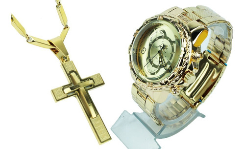 Relógio Masculino Dourado Barato Grande + Corrente Cruz Top!