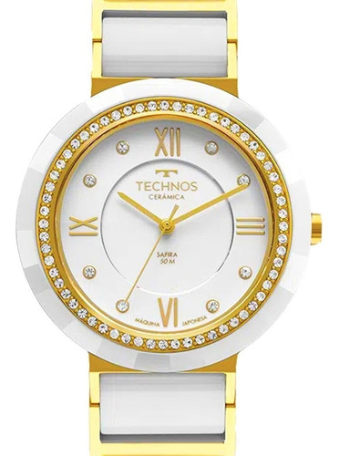 Relógio Technos Feminino Cerâmica Branco Com Dourado Safira