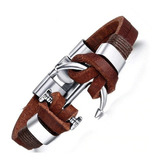 Pulsera Cuero Manilla Acero Inoxidable Ancla Plateada Hombre