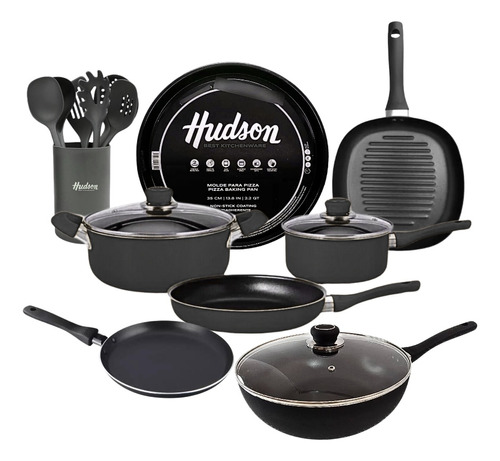 Juego Ollas Hudson Teflon Wok Panq Bifera Pizzera Utens 16pz