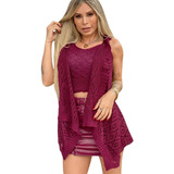 Roupa Verão Feminina Cor Marsala Kimono + Top Tricô Conjunto