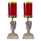 Candeleros De Mesa Para Altar (par) Angel De Bronce Plateado