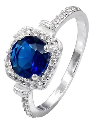 Anillo Lady Di Diana Piedra Azúl Con Zirconias, Plata .925