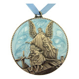 Medalla De Cuna De Peltre Y Esmalte Con Ángel De La Guarda P